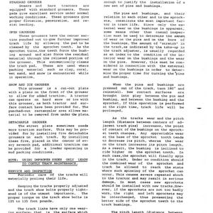 May include: A page from a manual detailing tractor track maintenance, including grousers, pins, bushings, and track shoe bolts. The text provides instructions for proper care and inspection to prolong track life.