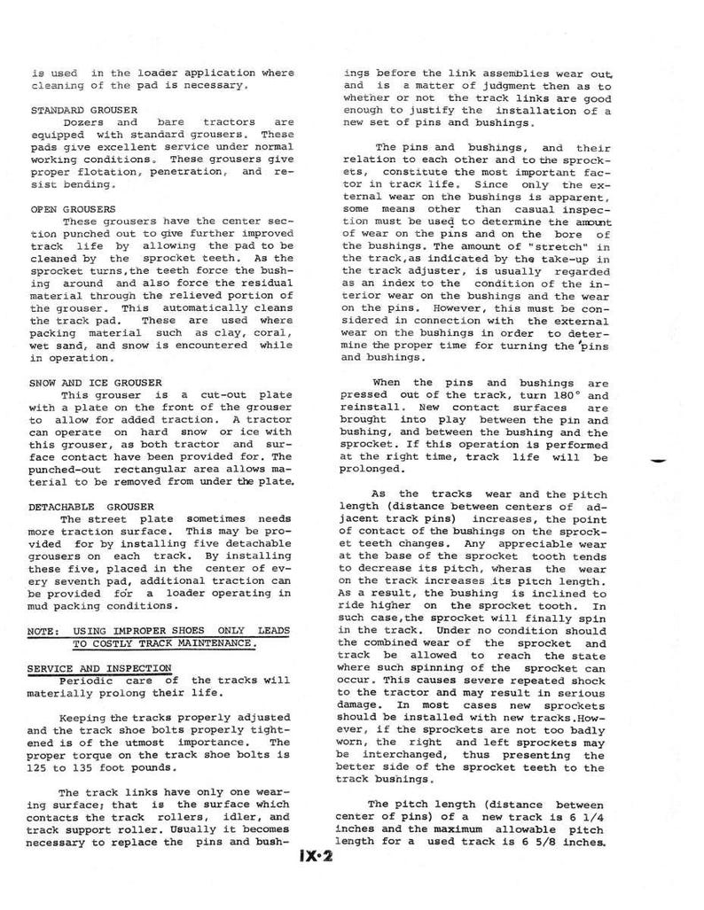 May include: A page from a manual detailing tractor track maintenance, including grousers, pins, bushings, and track shoe bolts. The text provides instructions for proper care and inspection to prolong track life.