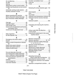 May include: A page from a manual titled "INDEX" with a list of terms and page numbers. The index is organized alphabetically, covering topics like "Air conditioning", "Engine", and "Hydraulic system". The text is black on a white background.