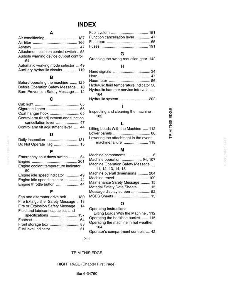 May include: A page from a manual titled "INDEX" with a list of terms and page numbers. The index is organized alphabetically, covering topics like "Air conditioning", "Engine", and "Hydraulic system". The text is black on a white background.