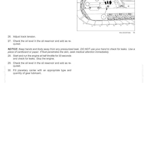 May include: Diagram of tracks and track suspension, Dropbox and final drive. Includes instructions for adjusting track tension, checking oil levels, and running the engine. The image also features a close-up of the track adjuster valve.