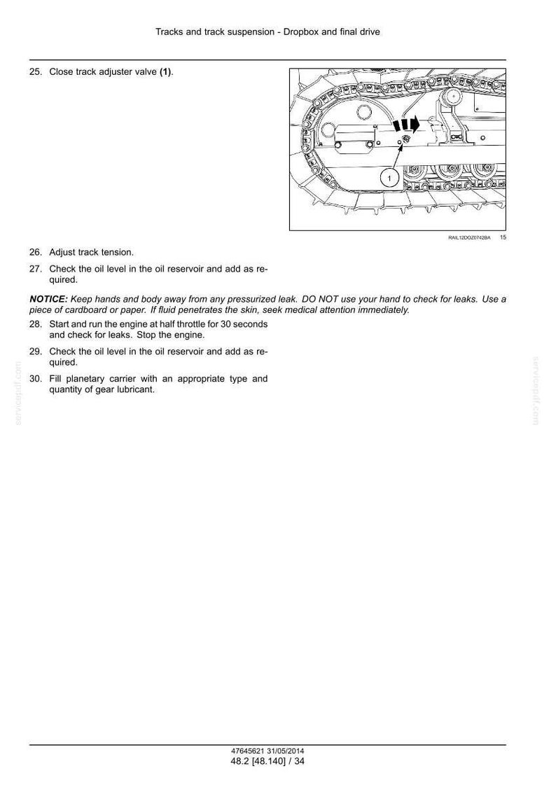 May include: Diagram of tracks and track suspension, Dropbox and final drive. Includes instructions for adjusting track tension, checking oil levels, and running the engine. The image also features a close-up of the track adjuster valve.