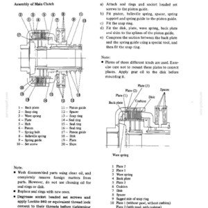 May include: Technical diagram of an auxiliary transmission assembly, featuring detailed illustrations of components like plates, springs, and seals. Includes a parts list and assembly instructions. Black and white schematic.