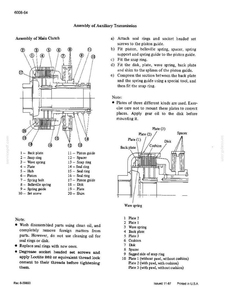 May include: Technical diagram of an auxiliary transmission assembly, featuring detailed illustrations of components like plates, springs, and seals. Includes a parts list and assembly instructions. Black and white schematic.