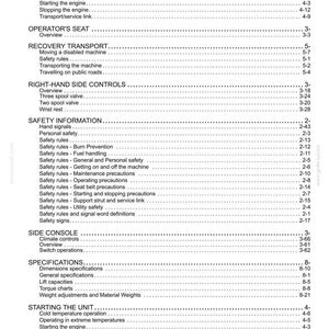 May include: A detailed table of contents from a manual, featuring various sections like "Safety Information," "Specifications," and "Starting the Unit." The text is black on a white background, with page numbers and section titles.