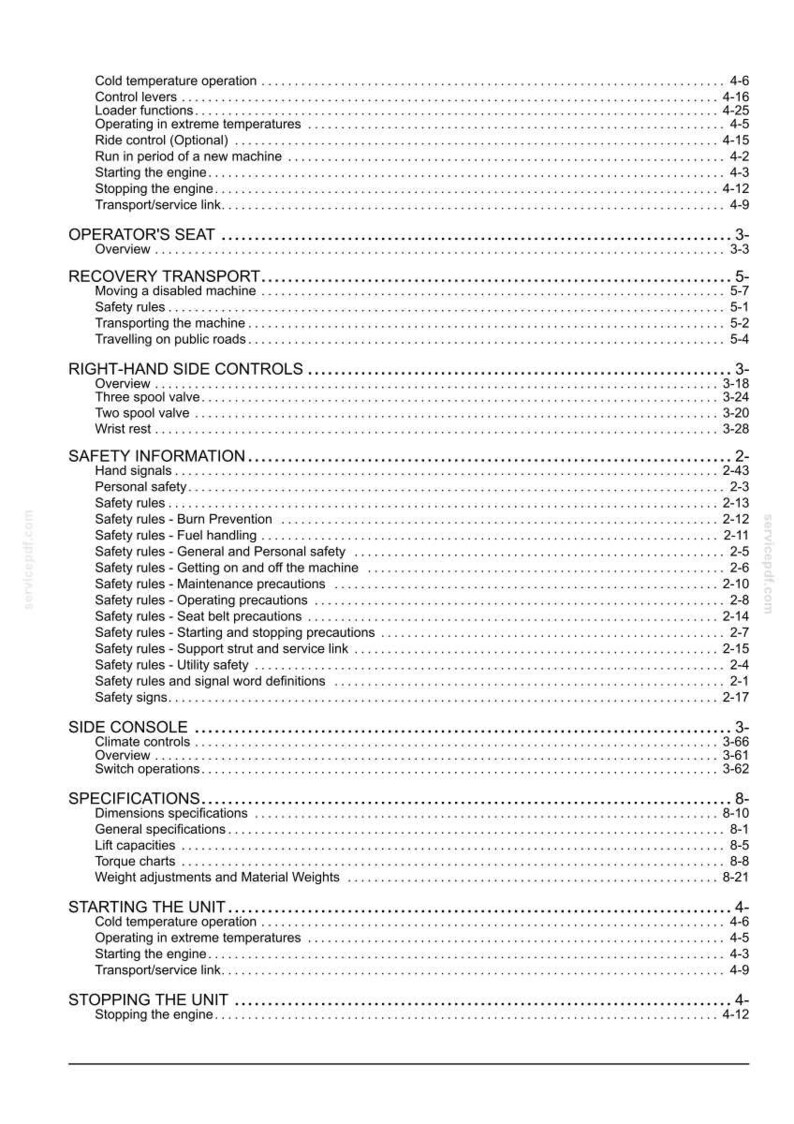 May include: A detailed table of contents from a manual, featuring various sections like "Safety Information," "Specifications," and "Starting the Unit." The text is black on a white background, with page numbers and section titles.