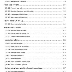 May include: A detailed page from a manual, featuring a table of contents with various mechanical system components. The text includes sections on axles, brakes, hydraulics, and hitches. The page number is 25.3.