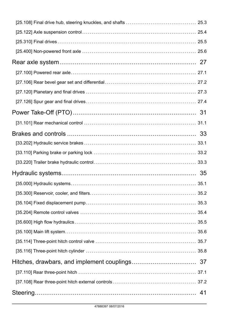 May include: A detailed page from a manual, featuring a table of contents with various mechanical system components. The text includes sections on axles, brakes, hydraulics, and hitches. The page number is 25.3.