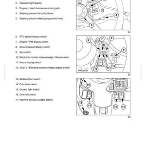 May include: A technical diagram titled SECTION 1 - GENERAL INFORMATION showing FRONT CONSOLE CONTROLS. It features three black and white line drawings of vehicle dashboard components labeled with numbers 1 through 17, detailing switches, levers, and knobs.