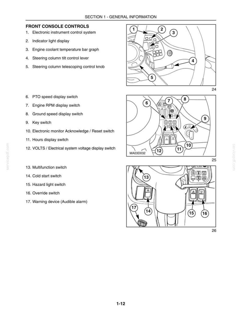May include: A technical diagram titled SECTION 1 - GENERAL INFORMATION showing FRONT CONSOLE CONTROLS. It features three black and white line drawings of vehicle dashboard components labeled with numbers 1 through 17, detailing switches, levers, and knobs.