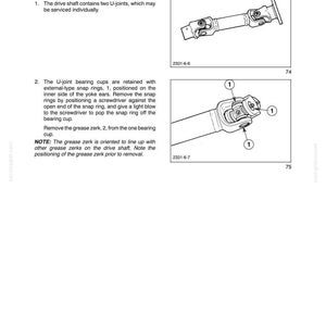 May include: A technical manual page titled SECTION 58 - ATTACHMENTS/HEADERS - CHAPTER 1, detailing the disassembly of a cutter bar drive shaft. It includes two black and white line drawings of a drive shaft with U-joints and numbered callouts.