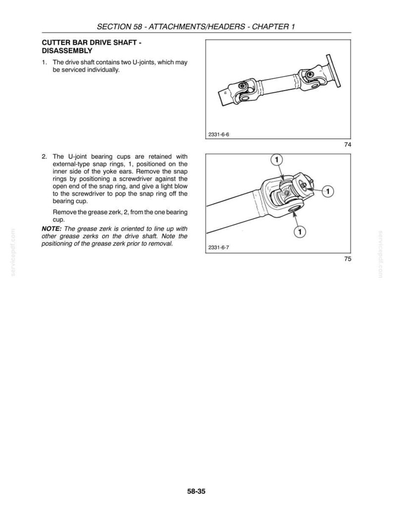 May include: A technical manual page titled SECTION 58 - ATTACHMENTS/HEADERS - CHAPTER 1, detailing the disassembly of a cutter bar drive shaft. It includes two black and white line drawings of a drive shaft with U-joints and numbered callouts.
