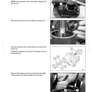 以下が含まれることがあります： SECTION 27 - REAR AXLEと題された技術マニュアルのページ。分解プロセスを示す白黒の写真と図が含まれています。リングナット、ワッシャー、ピニオン、スペーサー、ベアリングなどの番号付きコンポーネントが記載されています。