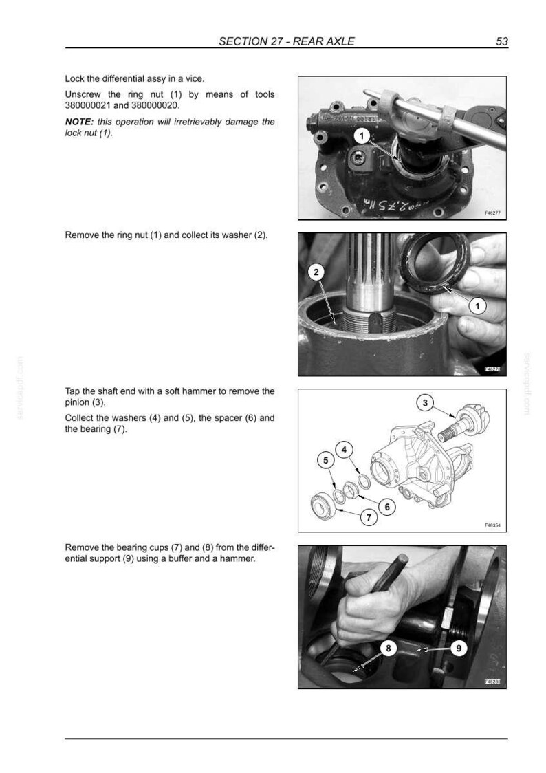 以下が含まれることがあります： SECTION 27 - REAR AXLEと題された技術マニュアルのページ。分解プロセスを示す白黒の写真と図が含まれています。リングナット、ワッシャー、ピニオン、スペーサー、ベアリングなどの番号付きコンポーネントが記載されています。