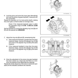 May include: Diagram of a front axle system with a front bevel gear set and differential. The image includes detailed illustrations and instructions for adjusting the ring nuts and measuring backlash, with measurements in inches and millimeters.