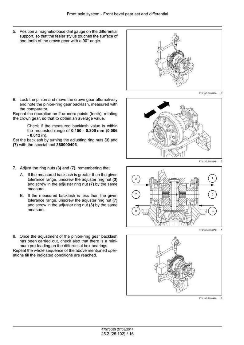 May include: Diagram of a front axle system with a front bevel gear set and differential. The image includes detailed illustrations and instructions for adjusting the ring nuts and measuring backlash, with measurements in inches and millimeters.