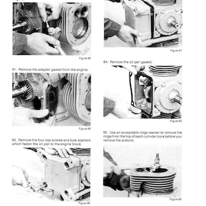 May include: A black and white technical manual page with engine diagrams and instructions. The page includes numbered steps with accompanying images showing engine disassembly and maintenance procedures. Text includes "Disconnect the wire" and "Remove the oil pan".
