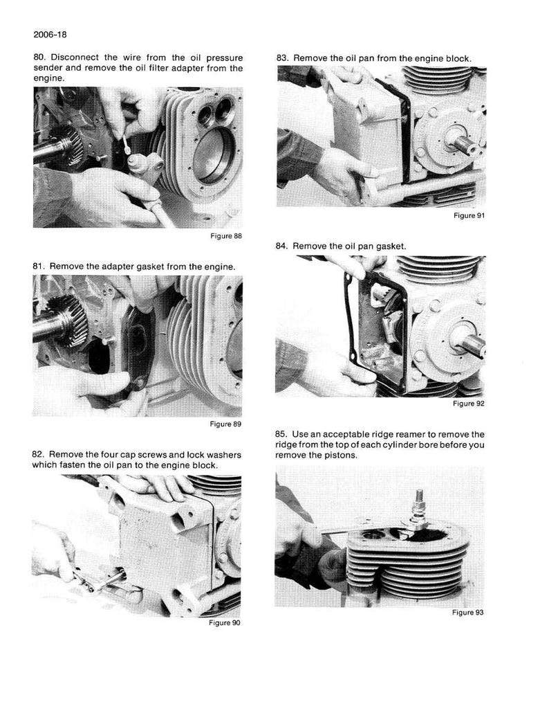 May include: A black and white technical manual page with engine diagrams and instructions. The page includes numbered steps with accompanying images showing engine disassembly and maintenance procedures. Text includes "Disconnect the wire" and "Remove the oil pan".