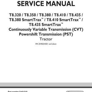 May include: A white service manual cover with black text. The title "SERVICE MANUAL" is at the top. Below, model numbers and descriptions of tractor transmissions are listed. The New Holland Agriculture logo is at the bottom right.