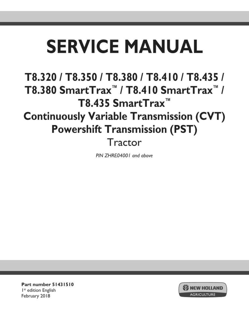 May include: A white service manual cover with black text. The title "SERVICE MANUAL" is at the top. Below, model numbers and descriptions of tractor transmissions are listed. The New Holland Agriculture logo is at the bottom right.