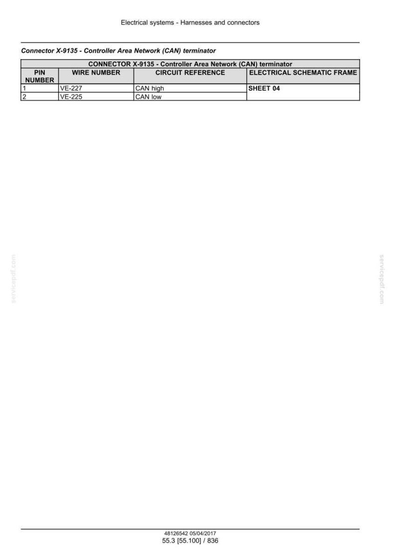 May include: Diagram of electrical systems, specifically harnesses and connectors. The document includes a table detailing the Connector X-9135 - Controller Area Network (CAN) terminator, with pin numbers, wire numbers, circuit references, and electrical schematic frame information.