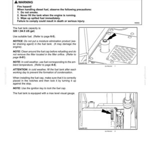 May include: Diagram of a fuel tank with exterior controls. The text includes warnings about fire hazards and instructions for safe handling of diesel fuel. The fuel tank capacity is 320 l (84.5 US gal).