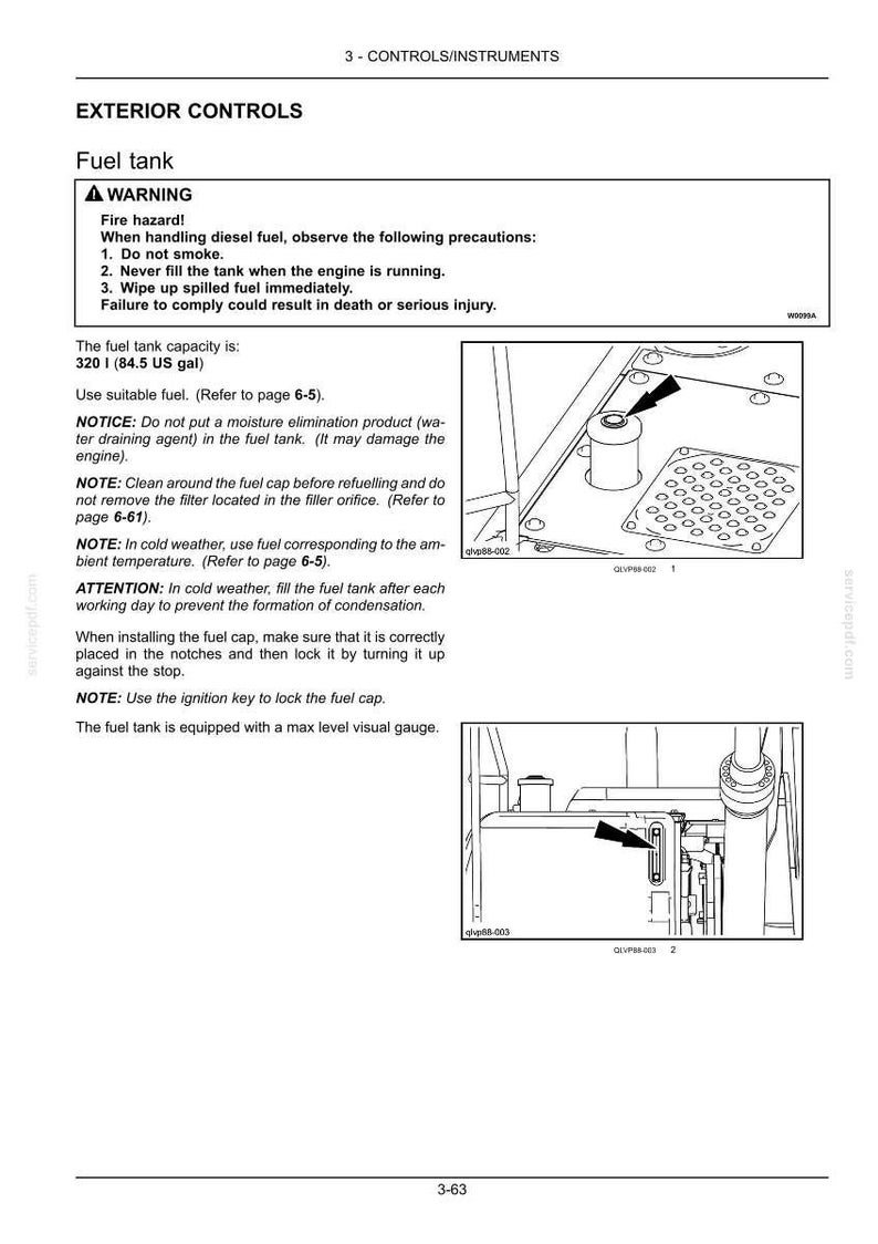 May include: Diagram of a fuel tank with exterior controls. The text includes warnings about fire hazards and instructions for safe handling of diesel fuel. The fuel tank capacity is 320 l (84.5 US gal).