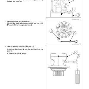 May include: Diagram of a swing reduction gear disassembly process. The image includes labeled components, such as the housing, ring gear, level gauge assembly, and drain hose. Measurements are provided in inches.