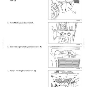 May include: Diagram illustrating the removal of an electronic module, with step-by-step instructions. The image shows various components, including a battery cover, quick disconnect, and mounting bracket. Text includes "Electronic module - Remove" and "WE Electro hydraulic controls."
