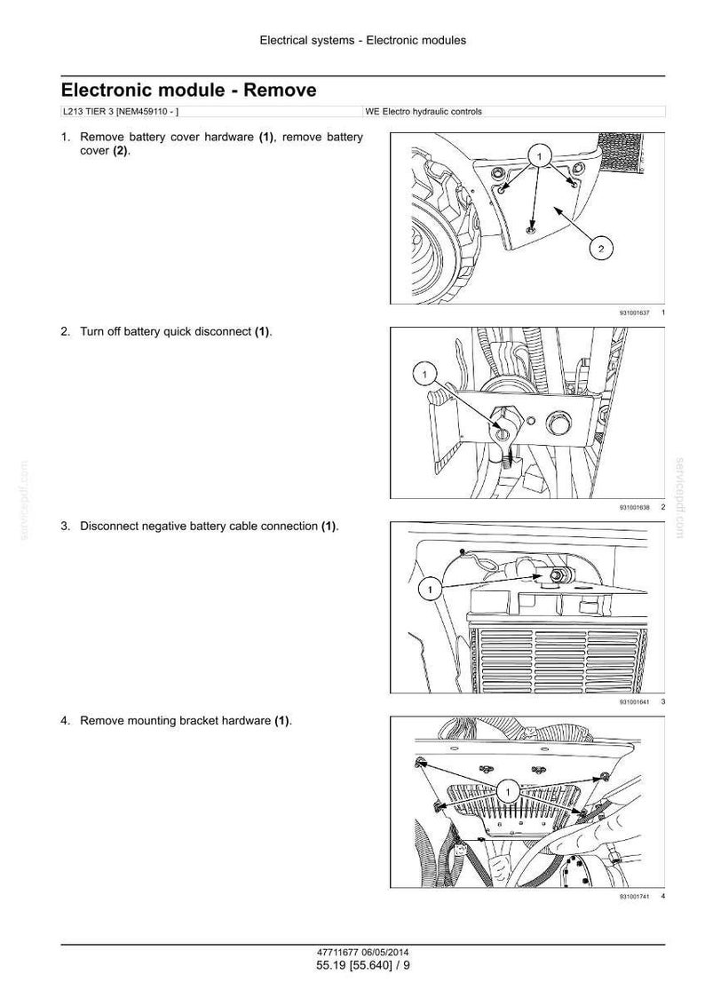 May include: Diagram illustrating the removal of an electronic module, with step-by-step instructions. The image shows various components, including a battery cover, quick disconnect, and mounting bracket. Text includes "Electronic module - Remove" and "WE Electro hydraulic controls."
