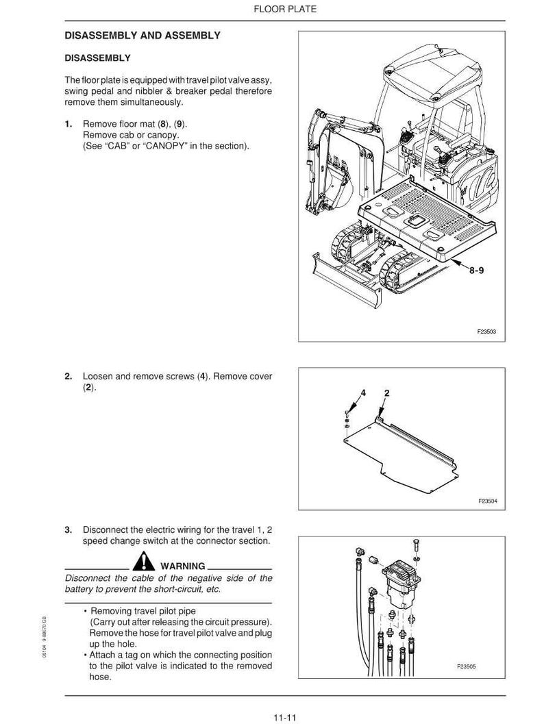 May include: Diagram of a floor plate disassembly and assembly process. The image includes illustrations of components, step-by-step instructions, and warnings. Text includes "DISASSEMBLY AND ASSEMBLY" and "FLOOR PLATE".