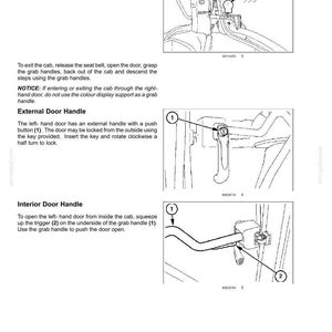 K&ouml;nnte beinhalten: Eine technische Handbuchseite mit dem Titel 3-CONTROLS/INSTRUMENTS mit schwarz-wei&szlig;en Strichzeichnungen. Sie veranschaulicht die Bedienung einer Fahrzeugt&uuml;r, einschlie&szlig;lich eines T&uuml;rknaufs, eines Au&szlig;engriffs mit Druckknopf und eines Innent&uuml;rgriffs.