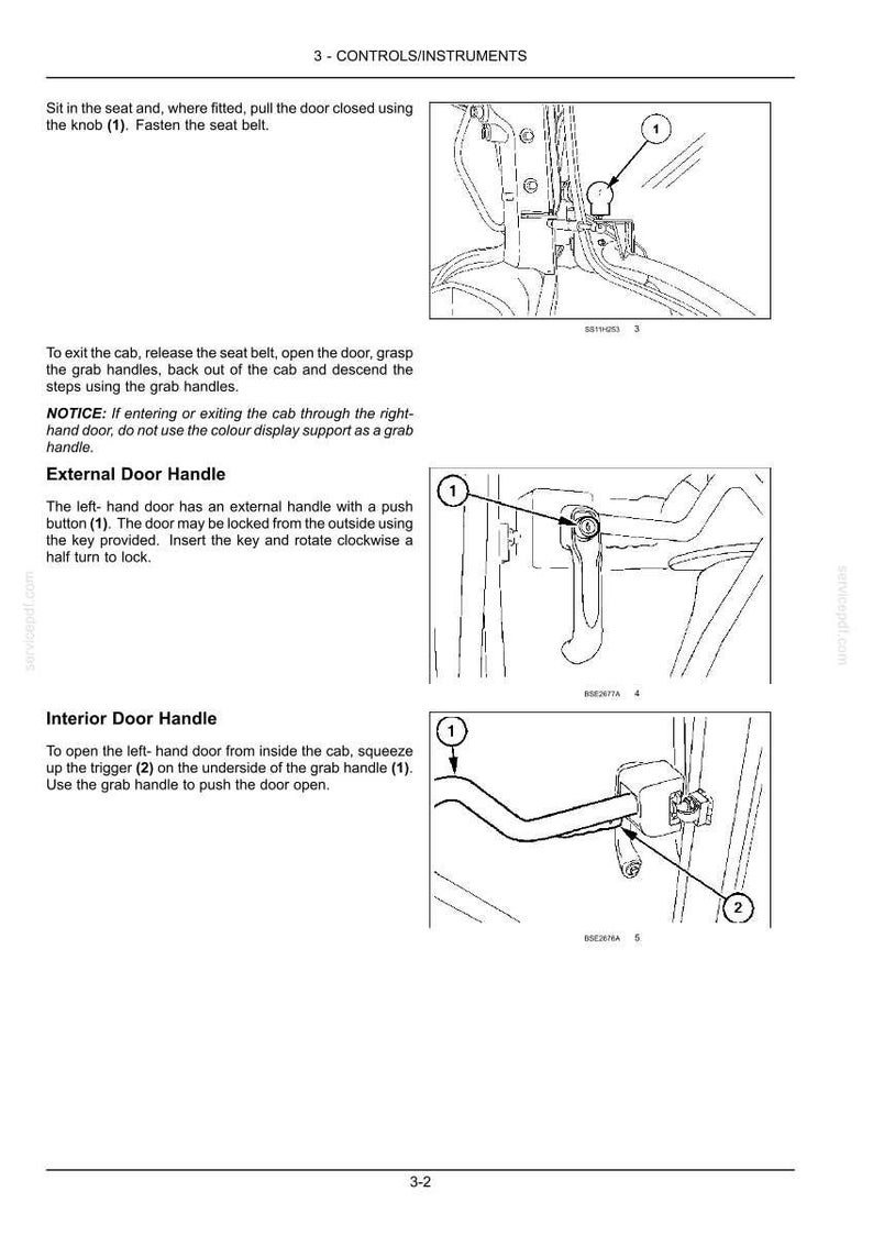 K&ouml;nnte beinhalten: Eine technische Handbuchseite mit dem Titel 3-CONTROLS/INSTRUMENTS mit schwarz-wei&szlig;en Strichzeichnungen. Sie veranschaulicht die Bedienung einer Fahrzeugt&uuml;r, einschlie&szlig;lich eines T&uuml;rknaufs, eines Au&szlig;engriffs mit Druckknopf und eines Innent&uuml;rgriffs.