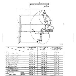 May include: A technical working range drawing of a backhoe attachment, featuring a side-profile diagram of the machinery with various reach and depth arcs. A detailed specification table lists measurements in meters and feet for different arm configurations.