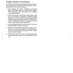May include: A document page titled 4 - OPERATING INSTRUCTIONS, detailing the engine break-in procedure for a tractor. It lists five numbered steps regarding gear ratios, engine speeds, and maintenance checks for the first 50 hours of operation.