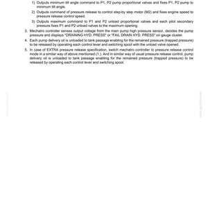 May include: A technical document page titled MECHATRO CONTROL SYSTEM E215B-E245B. It contains five numbered points detailing procedures for pressure draining mode, pump valve commands, sensor voltage sensing, and oil unloading for hydraulic systems.