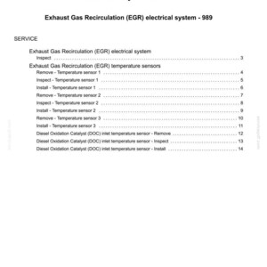 May include: A white document titled "Contents" with the heading "Electrical systems - 55." The document lists service instructions for an exhaust gas recirculation (EGR) electrical system and temperature sensors, including inspection, removal, and installation procedures.