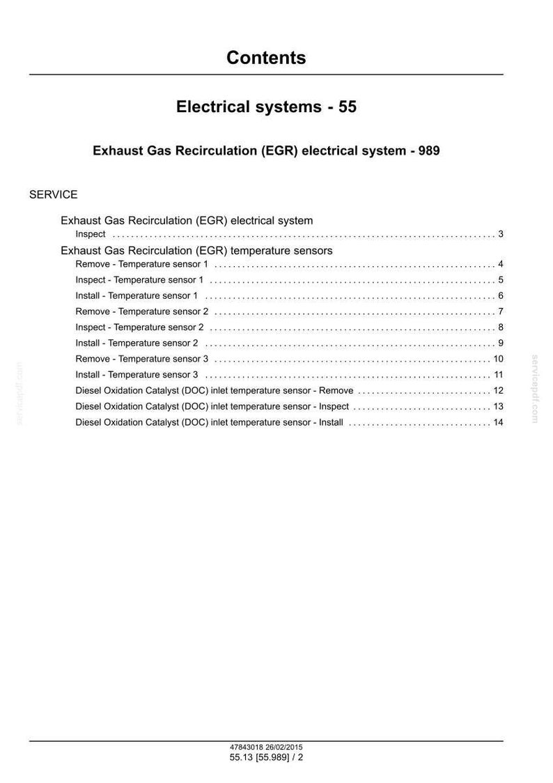 May include: A white document titled "Contents" with the heading "Electrical systems - 55." The document lists service instructions for an exhaust gas recirculation (EGR) electrical system and temperature sensors, including inspection, removal, and installation procedures.