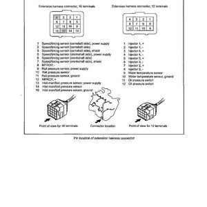 Pu&ograve; includere: Un diagramma tecnico intitolato TROUBLESHOOTING che mostra l'assegnazione dei pin per un connettore del cablaggio di estensione a 16 e 12 terminali. Include elenchi numerati che dettagliano i collegamenti dei sensori e degli iniettori.