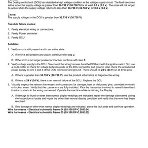 May include: Document detailing fault codes for electrical systems, specifically battery voltage sensing. Includes context, cause, possible failure modes, and solutions. Text includes voltage measurements in volts and references to wiring harnesses.