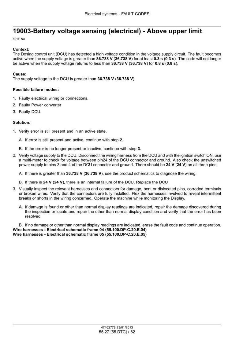 May include: Document detailing fault codes for electrical systems, specifically battery voltage sensing. Includes context, cause, possible failure modes, and solutions. Text includes voltage measurements in volts and references to wiring harnesses.