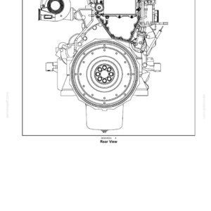 May include: Detailed technical diagram of an engine, labeled "ENGINE AND PTO IN - ENGINE." The rear view shows the engine's internal components, including a circular flywheel and various mechanical parts. The diagram is in black and white.