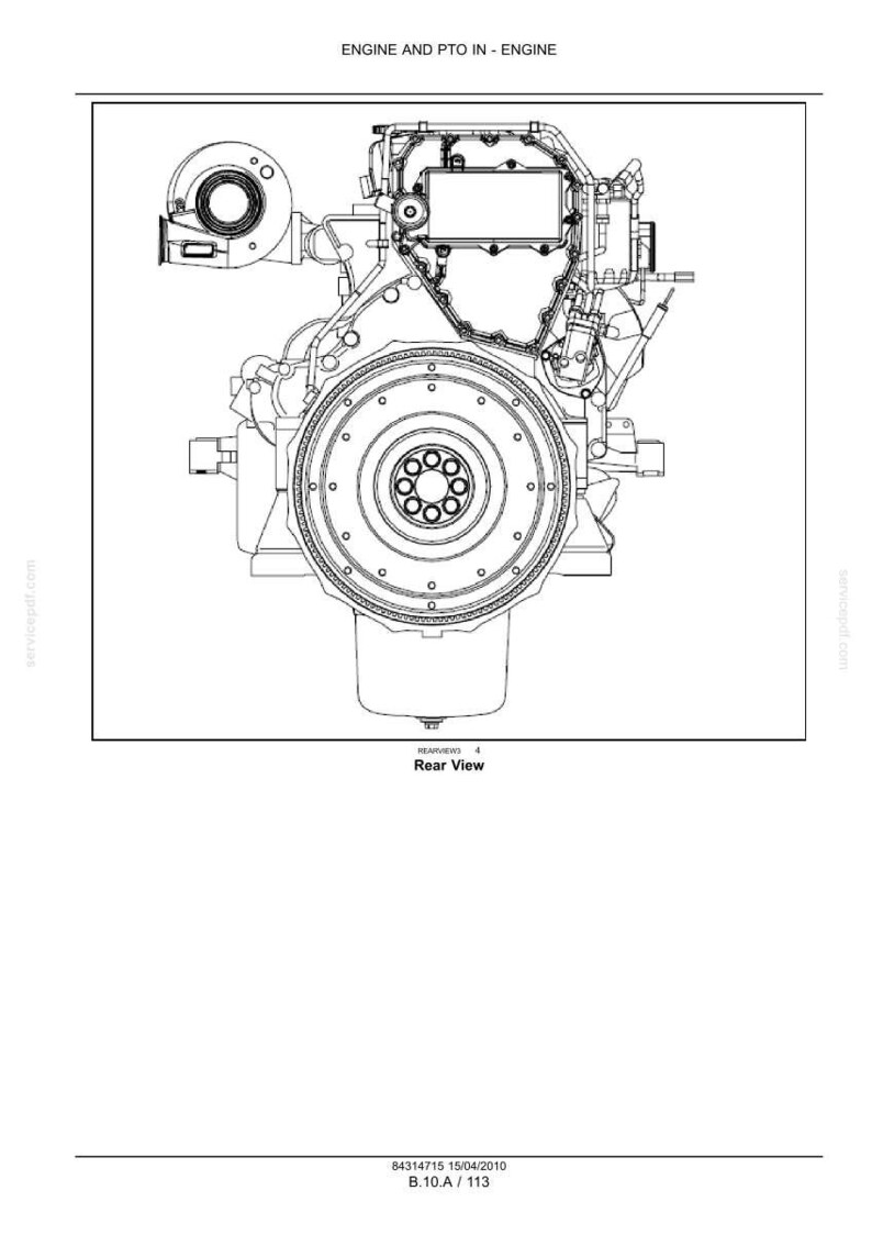 May include: Detailed technical diagram of an engine, labeled "ENGINE AND PTO IN - ENGINE." The rear view shows the engine's internal components, including a circular flywheel and various mechanical parts. The diagram is in black and white.