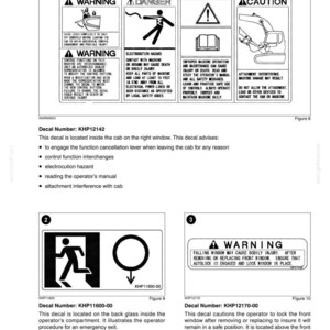 May include: A page from a manual with safety and decal warnings. The image includes multiple warning signs with text about electrocution, machine operation, and falling windows. Decal numbers and descriptions are also present.