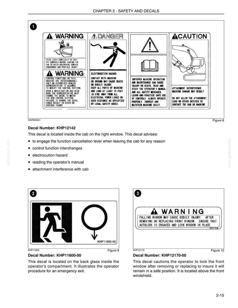 May include: A page from a manual with safety and decal warnings. The image includes multiple warning signs with text about electrocution, machine operation, and falling windows. Decal numbers and descriptions are also present.