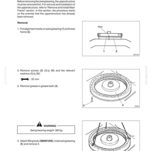 Pode incluir: Diagrama de instru&ccedil;&otilde;es de remo&ccedil;&atilde;o e instala&ccedil;&atilde;o do rolamento girat&oacute;rio. Inclui ilustra&ccedil;&otilde;es do rolamento, parafusos e ferramentas de eleva&ccedil;&atilde;o. O texto inclui instru&ccedil;&otilde;es de alinhamento, remo&ccedil;&atilde;o de parafusos e remo&ccedil;&atilde;o de graxa. O peso do rolamento girat&oacute;rio &eacute; de 360 kg.
