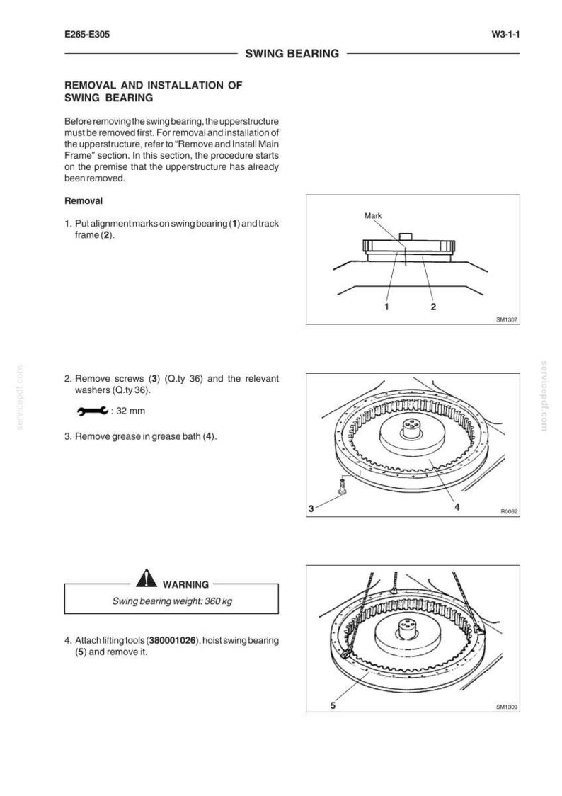 Pode incluir: Diagrama de instru&ccedil;&otilde;es de remo&ccedil;&atilde;o e instala&ccedil;&atilde;o do rolamento girat&oacute;rio. Inclui ilustra&ccedil;&otilde;es do rolamento, parafusos e ferramentas de eleva&ccedil;&atilde;o. O texto inclui instru&ccedil;&otilde;es de alinhamento, remo&ccedil;&atilde;o de parafusos e remo&ccedil;&atilde;o de graxa. O peso do rolamento girat&oacute;rio &eacute; de 360 kg.