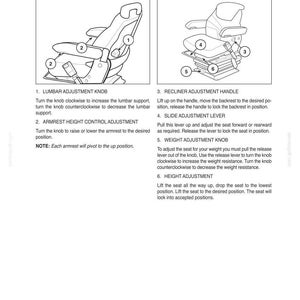 May include: Diagram of an operator's seat with numbered adjustment points. Includes lumbar, armrest, recliner, slide, weight, and height adjustments. Text explains each adjustment function for the standard seat.