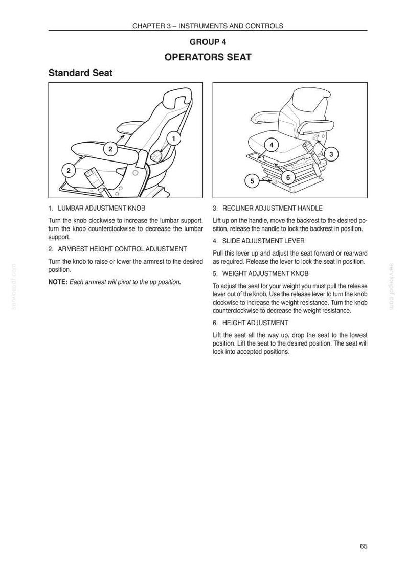 May include: Diagram of an operator's seat with numbered adjustment points. Includes lumbar, armrest, recliner, slide, weight, and height adjustments. Text explains each adjustment function for the standard seat.
