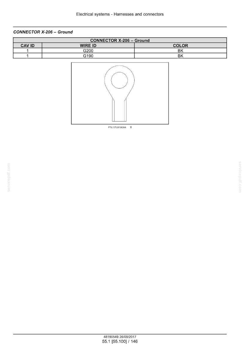 May include: Diagram of an electrical connector, labeled "CONNECTOR X-206 - Ground." The image includes a table with wire identification and color codes. A detailed illustration of the connector is also present.
